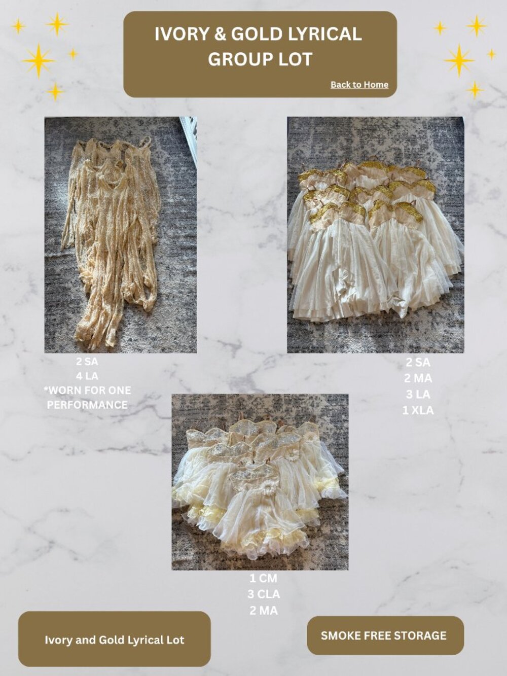 20 PIECE Lyrical Contemporary Ivory & Gold Costume Lot: Multiple Sizes